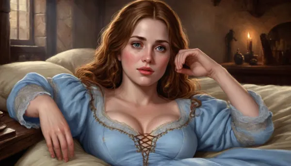 (one woman, Mirabelle Monet, french, mature 40 year old, ginger/brown hair, small breasts, slightly chubby body and face), (wearing sky blue revealing dress with brown laced bodice), (inside medieval inn, laying sideways on a bed, leaning head on arm, hand behind head), (other hand squeezing breast), blue atmosphere, perfect eyes, five fingers, (artwork, digital painting, concept art, flat colors, loading screen art style), <lora:LegendDarkFantasy-000001:.8>