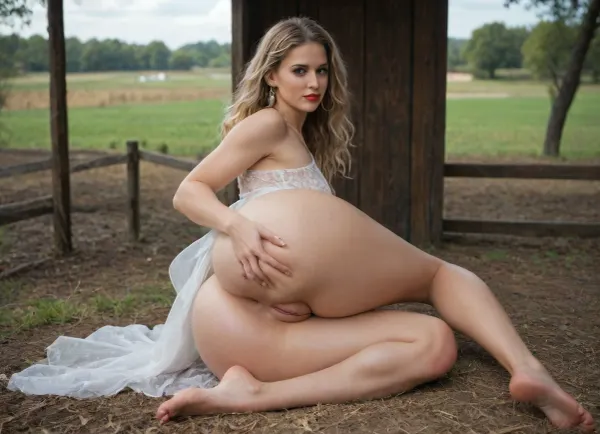 farm girl, ultra slut, white see through mini dress, barefoot, (micro dress), lifting skirt to show ass, (bubble butt:1.5), sheer dress with lace, loose fitting dress, (long legs:1.5), (small torso:1.3), (ultra slim waist:1), (long beautiful toned legs), she has an extremely gorgeous cute face, long wavy blonde hair, ribbon in hair, She has bright red lipstick on, Perfect eyes, ((nice ass)), (massive round ass:1.6), (perfect face), (perfect eyes), perfect figure, spread ass, ass spread open, pussy visible, flirtatious with viewer, sunny day in a tulip field, (shiny oily skin), (hair blowing in the wind), on her toes