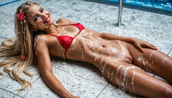 (detail always thick wide white cum splashes), ((detail add 10more cum splashes:1.5)), a 21 year old girl, detailed pretty face, detail teeth, 1girl, solo, tanned skin, tan lines, laid on her back, (detail by the pool a bright sunny day), vibrant colors, profile side view, (detail huge eyes), (detail smiling very happy:1.2), thin face, detail very thin thighs, narrow hips, slender legs, detail very skinny girl, (skinny:1.3), (detail colorful clinging mini bikini), (detail very long blonde hair high loose pigtails), (detail red bimbo lips:1.4), (detail cameltoe:1.3), ((detail focus on pussy)), (detail flat chest), (detail long erect nipples), (detail more cum on hair), (detail more cum on face:1.5), (detail more bukkake:1.4), (detail more cum on shoulders:1.4), (detail more cum on thighs:1.5), (detail more cum on stomach:1.5), (detail cum leaking from mouth on to chest:1.2), (lots more cum pouring from pussy:1.3), (detail cum on floor:1.3), (detail more cum on hair:1.5), (detail more cum runs down face:1.2), (detail more cum on cheeks:1.2), (detail more cum on chest), (detail more cum on shoulders), (detail more cum om breasts), (detail more cum on forehead:1.5), (detail more cum dripping from chin:1.5)