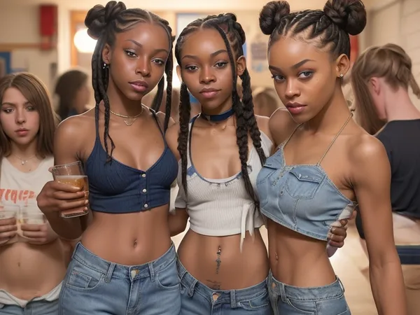 Scene takes place at a college dorm party, crowded room, 2girls, (((drunk))), (tiny waist:1.5), (flat chest:1.2), tight jeans, crop top, small hard nipples, small breasts, ((slender)), ebony, ginger, blue eyes, braided hair, space buns, wide angle