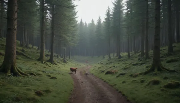 Scottish forests, Animals, no paths or roads, dense forest, medieval setting, realistic style, detailed landscape, clear focus, photorealistic quality, 8k resolution, natural environment, realistic physics, cinematic composition, masterfully drawn art