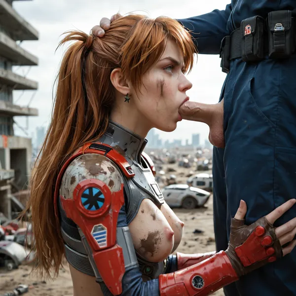 asuka, langley, long red flying hair, (scratches on the face:.9), Star Trek uniform, futuristic armor plates, (missing breastplate:1.3), (sexy midriff:1.1), heavy boots, being lost, outdoor at industrial futuristic ruin, lost in battle zone, angry look, dirty face, muddy face, muddy arms and legs, blowjob, full mouth, grasping the head, holding the head, thrusting with force, deepthroat, (small penis:.9), background is industrial ruin of futuristic city, camera from the side, (focus on breasts), (focus on face:1.2), crepuscular rays