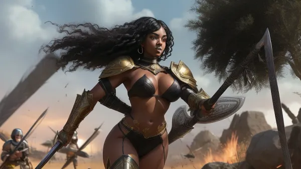 ((21 year old black women)), 5'6", waist length curly black hair, thick eyebrows, long eyelashes, cute face, sexy lips, big breast, tiny waist, wide hips, big nature ass, muscular, abs, dark skin, sexy armor, ((on the battlefield walking)), ((wielding a spear)), full view, side view