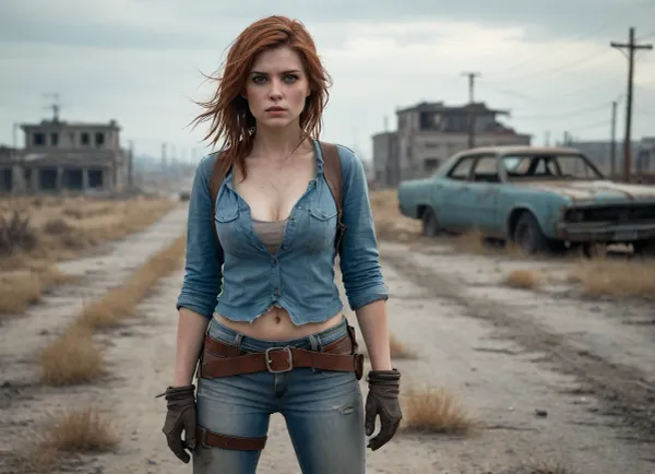 `Post-apocalyptic wasteland with crumbling city ruins overgrown with weeds, cracked asphalt road littered with abandoned rusty cars, (broken windows, decayed interiors), a desert ranger woman in tattered dusty clothing, (frayed leather straps, torn fabric belts, weathered boots, dirt-smudged skin), searches through the wreckage with fierce amber eyes and wind-tousled auburn hair, her practical yet ragged attire subtly accentuating her curves, desolate field stretching to the horizon under a foggy sky, distant zombies shambling near collapsed buildings, 8k resolution, hyperrealistic details, cinematic HDR lighting, anti-aliasing, depth of field focusing on her determined expression and the debris, (bent metal, scattered papers), photorealistic textures, (rust, cracked concrete, weathered surfaces), ray-traced shadows, volumetric fog, ambient occlusion, cold blue-gray color grading with muted accents, lossless PNG format, no pixelation, no compression artifacts.`