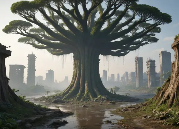 ** Bird's eye view of a post-apocalyptic metropolis, ** Vast jungles of concrete and steel are swallowed up by nature, skyscrapers with * * collapsed facades* * and **rusted beams* * have turned into vertical gardens where * * giant ferns* * and * * creepers * * entangle * * cracks in the walls**, and * * waterfalls of moss * * flow down through the **mangled elevators**. The roofs are hidden under a dense jungle canopy of oaks, palm trees, and glowing mushrooms, whose roots tear the freeways into crumbling slabs dotted with rusty car hulks and leaning streetlights. ** Collapsing bridges * * hang over * * overgrown canals**, where * * brown bears* * drink from * * swamps with water lilies**, and * * herds of antelopes * * roam among * * destroyed billboards* * with * * peeling paint**. In the sky, **swift peregrine falcons * * hunt * * flocks of crows * * circling over * * the remains of stadiums** where * * wild vineyards** have swallowed * * the stands**. ** The setting sun * * breaks through * * toxic yellow smog**, painting** the hazy haze **in * * neon green* * and * * blood orange * * shades, and * * bioluminescent algae * * shimmer in * * underground rivers* * of former subways. **8K detail * * highlights * * cracks in the asphalt**, **peeling paint* * on * * abandoned tanks**, **bird feathers scattered* * on * * alleys**, **dew drops** on **cobwebs* * between * * antennas** skyscrapers, * * rusty rivets* * on * * bridges* * and * * cactus needles * * piercing * * paving slabs**. ** HDR lighting * * enhances the contrast between * * warm highlights* * on * * cheetah skin* * and * * cold shadows* * in * * dungeon pits**, and * * raytracing * * creates * * a three-dimensional fog** that envelops * * helicopter remains* * on * * * runways**. **Focus* * on * * a giant baobab tree * * sprouting through * * the planetarium dome**, its * * snake roots* * entwining * * abandoned telescopes**, and * * the background * * dissolves into * * fog with ash particles**, where * * the silhouettes of cranes** and * * cranes * * resemble * * the skeletons of prehistoric lizards**. ** Lossless PNG format * * saves * * ultra-details**, from * * python scales* * on * * monument debris* * to * * ice crystals* * on * * icy arches* * in** permafrost * * underground storage facilities. Nature didn't just **win** — it **rewrote the DNA of the megalopolis**, turning it into a **symbiosis of apocalypse and rebirth**.