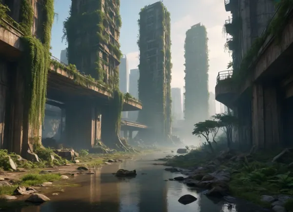 Bird's eye view of a post-apocalyptic metropolis, ** Endless jungles of concrete and steel are swallowed up by nature, skyscrapers with \ ** collapsed facades ** and ** rusted beams \ ** have turned into vertical gardens with \ ** giant ferns ** and \ ** creepers \ * entangle \ * cracks in the walls, and \ ** waterfalls of moss \ ** flow down through ** twisted elevators . The roofs are hidden under a dense canopy of jungle, trees whose roots turn freeways into crumbling slabs, littered with rusty car frames and leaning streetlights. Crumbling bridges \ ** overhang \ ** overgrown canals**, where \ ** brown bears \ ** drink from \ ** swamps with water lilies**, and \ ** herds of antelopes \ ** roam among ** destroyed billboards ** with \ ** peeling paint*. In the skyswift peregrine falcons * hunt at the flocks of crows circling above remnants of stadiums*, where* The setting sun breaks through toxic yellow smog, painting foggy haze in the* neon \, green and blood\, orange shades, and bioluminescent algae shimmer in underground rivers of the former metro.8K parts highlights cracks in the asphalt, peeling paint on abandoned tanks, bird feathers scattered in alleys*, dew drops on the web between antennas skyscrapers, rusty rivets on bridges and cactus needles piercing paving slabs. HDR \ lighting enhances the contrast between warm highlights on cheetah skin and cold shadows in dungeon pits*, and * ray tracing creates three-dimensional fog*that envelops * the remains of the helicopter on \ ** runways**. ******Lossless PNG format \ * saves \ * ultra \, details, starting with \ ** python scales ** on \ * monument from garbage ** to \ * ice crystalson \ ** ice arches \ ** in \ ** underground permafrost storages **. Nature didn't justwin— itrewrote the DNA of the megalopolis, turning it into asymbiosis of the apocalypse and rebirth.