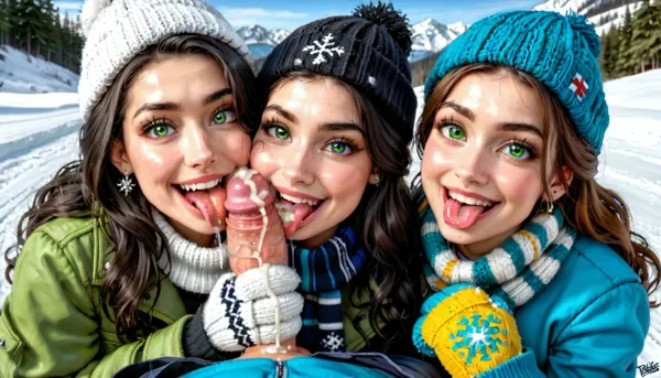 A winter's delight: an unforgettable cum-filled affair amongst stunning brunettes on a ski slope