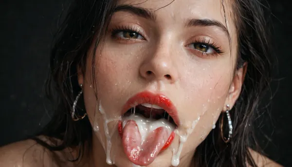 (Macro photo), (extreme close up:1.2), front view, Photorealistic, high resolution, professional photography, (open mouth), (extended tongue), (detailed tongue), (wet mouth), close-up of lips, zoom in on lips, red lipstick, excessive cum dripping from tongue, short smooth black hair, topless, cum dripping from chin, tongue sticking out, black background.