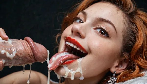 Close-up, (Side view), (looking at viewer), (Macro photo), (close up), (Russian), (detailed brown eye), (the eyes are smiling), (detailed iris), (detailed mouth), (open mouth), (extended tongue), (detailed tongue), longs smooth ginger hair, red lipstick, huge erected penis lying on her tongue, dickhead on her tongue, excessive cum on tongue, licking the cum from his dickhead, after sex, naked, black background.