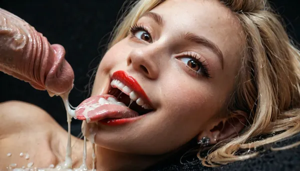 Close-up, (Side view), (looking at viewer), (Macro photo), (close up), (Russian), (detailed brown eye), (the eyes are smiling), (detailed iris), (detailed mouth), (open mouth), (extended tongue), (detailed tongue), long smooth blonde hair, red lipstick, full lips, huge penis, dickhead lying on her tongue, excessive cum on tongue, licking the cum from his dickhead, naked, after sex, black background.
