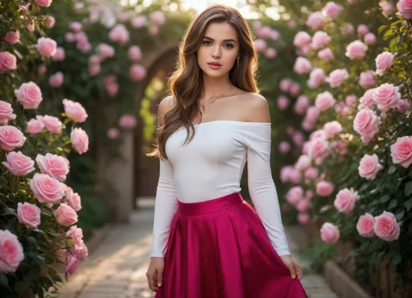 1girl, solo, standing, surrounded by pink roses, long flowing brown hair with multicolored highlights, off-shoulder white shirt, long sleeves, bare shoulders, red skirt, elegant necklace, earrings, nail polish, looking at viewer, hand on hip, soft lighting, highly detailed, realistic, beautiful face, delicate jewelry, gentle expression, cinematic lighting, floral background