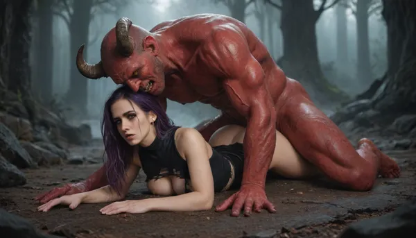 succube costume white woman, violet hair, monster fucking her ass prone bone, arched back, hand on head, hell, domination, monster expression orgasm, Angry, Torn Clothes, Smeared Makeup, Front, Devil, Succubus