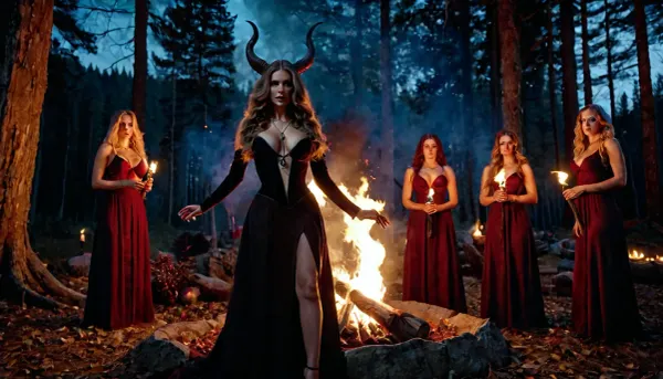 Le rituel sensuel et sombre : la liaison interdite d'un coven nocturne sous la lune du sang

- Oui.

Dans une qualité 8K, chef-d'œuvre ultra-détaillé, une image en couleur dépeint une scène glaciale. Une belle sorcière reine, avec un cadre mince anorexique, d'énormes seins lourds qui traînent sous sa robe noire luxueuse à col bas, se trouve sur un autel en pierre dans un temple satanique. La nuit est sombre et sinistre, illuminée seulement par les torches enflammées tenues par les autres sorcières debout autour. Un énorme démon corné à la peau rouge, dont le corps brille d'énergie malveillante, se livre à un acte sexuel public avec la sorcière. L'air craque avec tension comme le reste des montres coven, leurs yeux fixés sur le rituel qui se déroule devant eux, au milieu d'une clairière de forêt et d'un feu brûlant au loin sous une pleine lune sanglante.