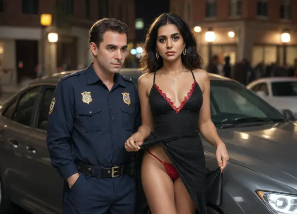 (Indian:1.6), Megha, 20s, sultry, gorgeous, big eyes, shapely body, dressed up, designer wear, black satin dress with deep V and long slit, cleavage, uncomfortable expression, standing outside car, (dress lifted up by Caucasian policeman), showing red lace thong, body search at police check point at night.
Caucasian policemen conducting body search on Megha, touching her breasts, inner thighs and waist, inappropriate body search.
City at night, police check point, ultraHD, Full view.