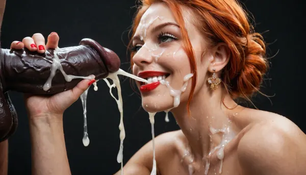Close-up, (Side view), (Macro photo), (close up), (russian), naked, (detailed mouth), eyes open, (the eyes are smiling), tiny earrings, red lipstick, short sleek ginger hair, full lips, huge cock, 20 inch penis, big testicles, she touches his testicles, black cock ring, black background, handjob, (ejaculation:1.7), excessive cum dripping from lips, excessive cum on body, excessive cum on face.