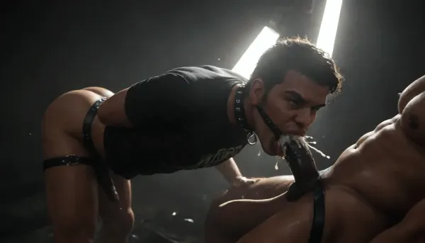 Very dark, (((Dim black lighting:2.5))), dirty industrial leather sex dungeon, ((1 dark-skinned 6’5, 220lbs, black master older daddy male)), (African American), ((dark skin)), (((12” black cock))), is standing wearing, ((leather muscle shirt)), standing at the edge of bed face fucking the white young man’d spikes haired head to firmly gagging the white twink in surprise deep throat, (((RawBBCBlowjob))), oral sex, rough oral sex, face fucking white twink short spikes hair, ((brunette hair short faux hawk)), (very thin hairless college twink), (20 year-old, 5’3”, white, 130 lbs), hazel eyes, thin muscle small pecs, small hard nipples, big bubble butt, small 4 inch cock, no facial hair, wearing, ((jock strap), ((black dog collar)), smooth, aheggo, (((screaming:1.4))), ((eyes wide:1.3)), ((gag the fag)), ((forced oral)), ((gag the twink)), ((cum in mouth), twink’s hands restrained behind back)), (12” black cock in twink ass, HD, wide angle, side, lower)