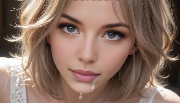 26 yo woman, seethru top, single person, bending down, hanging perky tits, seductive, lustful, blue eyes, wideshot, 4k, photorealistic, intricately detailed face, intricately detailed eyes, lots of cum dripping from mouth