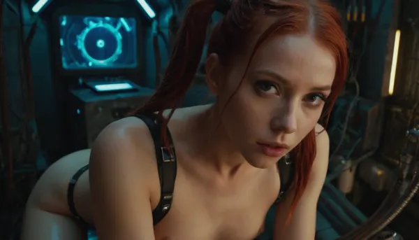 pm15, girl, pov, penis, beautiful, gorgeous, eyeliner, robotic fuck machine in a dark cyberpunk drug den, red hair, pigtails, liquid glass, futuristic, dystopian, pubic hair, nude, <lora:pm1s:.5>