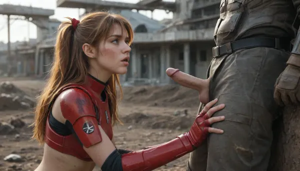 asuka, langley, long red flying hair, Star Trek uniform, armor, breastplates, (sexy midriff:1.2), heavy boots, dirty face, muddy face, muddy arms and legs, (scratches on face:1.2), being lost, inquisitive expression, interested look, blowjob, full mouth, boxer shorts, (small penis:.9), outdoor at industrial ruin, lost in battle zone, background is industrial ruin of futuristic city, view from the side, (focus on mough:1.1), (focus on face:1.2), crepuscular rays, ambient lighting