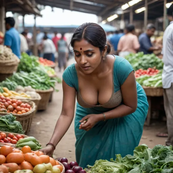 busty 40 year old Indian woman aunty bending down to show very deep cleavage while collecting vegetables in market. Cleavage should not be intentional and show dark brown nipples
