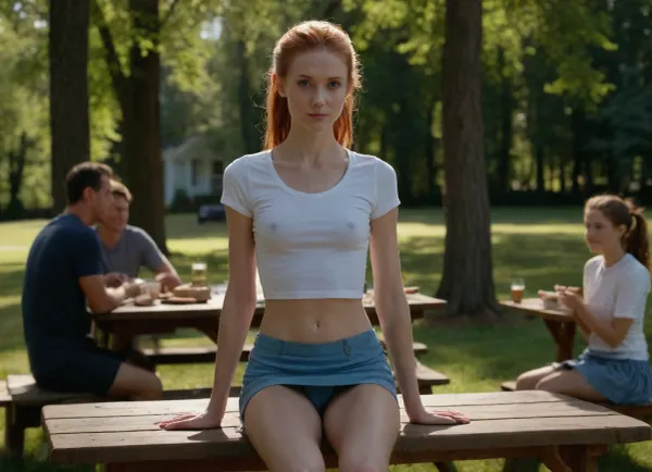 scene takes place at a, (family), barbecue, sunny day, people in background, high detail, 4k, (((skinny))), girl, cute, (tiny waist:1.2), blue eyes, ponytail, ginger, sitting at picnic table, legs spread, mini skirt, tight white shirt, (hard nipples), (shaved pussy), (no panties), naughty, eye contact, innie vagina