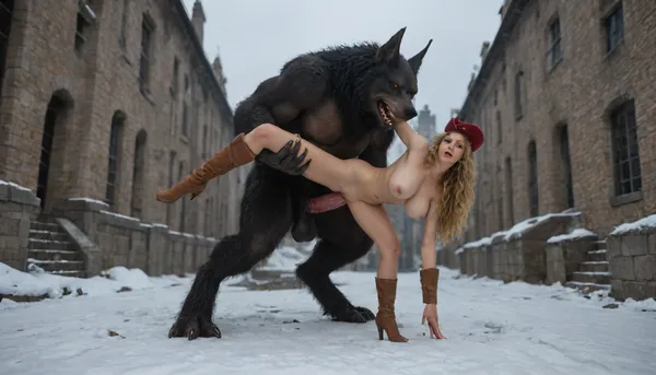 1 girl, feathered musketeer hat, musketeer cape, thigh-high boots, tights, nude, 20 years old, studio shot, dynamic pose with an ornate sword, full-length, giant snow werewolf fucks a musketeer woman, rough sex, castle scene, colorful, toned body, high-heeled boots, seductive view, huge round breasts, one breast fell out from under her clothes, you can see her breasts, you can see her whole body, pussy stretched wide, full length, she is fucked by a giant werewolf, a giant werewolf penis stretches her pussy, a monstrous inhuman penis in a woman's pussy, side view