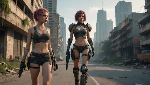 photorealistic image, 8K quality, a post-apocalyptic world, sunset an abandoned city, half-destroyed skyscrapers very overgrown with vegetation, rusted carcasses cars, mutated animals roam the streets, a punk-girl in provocative sexy clothes walks along the road, next to her is a combat robot, (HK series), with a machine gun in his hands, very whole body in the frame, front view