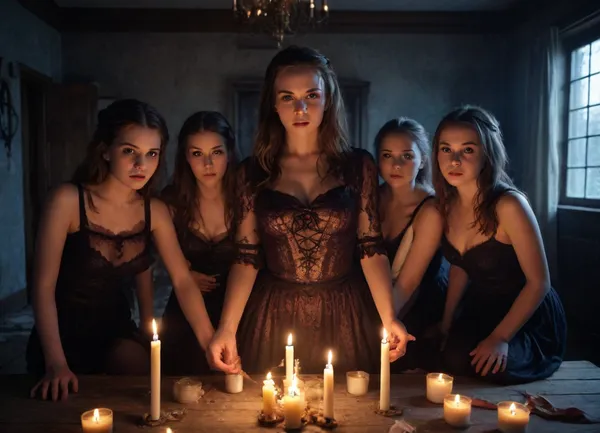 photorealistic, high angle, group of girls performing dark ritual on the one younger submissive girl, multiple girls, girl, british, young, 18 years old, short small bodies, brunette, firm different-sized breasts, halloween outfit, excited expressions, candles, occult symbols, partially, covered, with, shadows, Mystic atmosphere, midnight, abandoned house