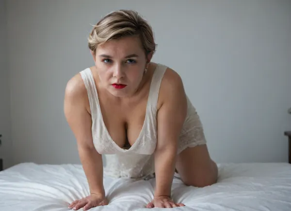 (4K UHD ultra-detailed RAW photo), high detailed, 8k, (photorealistic:1.7), raw photo, 3/4 body view, soviet mature woman, ((completely clothing)), ((in dress)), (curvy body), ((blonde short pixie haircut)), 40 years old, perfect face, ((sad:1.3)), blue eyes, makeup, red lipstick, ((standing on all fours)), ((flashed her panties)), in forest, ((milf:1.7)), all, fours, plump, skindentation, chubby, bbw, venus, body, big, breasts, ass, a curvy 48 year old woman with voluminous hair, She lies on her side, one hand on her plump thigh, ((hairstyles in the style of the 50s)), brown eyes and perky breasts and pale skin and no makeup, shaved pussy, soft rounded belly, perfect eyes, seductive view, A confused look, perfect nipples, side view, She pulls at her nipple with the fingers of one hand., dark red lipstick, ((full nude)), earrings, perfect fingers, seductive, full body pov., longnips, crying, with, tears, <lora:tearsXL:.9>, <lora:Chubby BBW - XL:.5>, <lora:longnipsxl:.5>, <lora:crawling_xl_1e-4:.6>