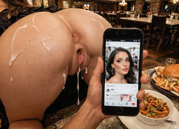 high-resolution, (A young woman is sitting at a table in restaurant, wearing tight elegant dress.), (restaurant costumers in background), (amateur photo of a woman and a young man), (the milf take a photo with a young man), (smartphone photo, bad lighting), (She meets a male fan who wants to take a selfie with her), ((Both do a selfie)), ((The woman opens her dress, pulls up her dress and shows her vagina to the young man.)), (The woman spreads her vagina with hand), (Then, she takes out his extremely large cock from his pants and jerks him off), (Precum shoots out of his cock), The MILF rubs the cock against her pussy, and the young man cums. Both show a horny facial expression. pose, side, spread pussy, bukkake, cum, swollen vagina, beautiful eyes, high detailed eyes, high detailed face, high detailed hair, black hair, (((long dick))), supermodel, face, big, lips, GapingAssholesAllFourQuiron, pose, all, fours, from, behind, spread, ass, <lora:Beautify-Supermodel-SDXL:.5>, <lora:SDXL1.0_quiron_GapingAssholesAllFour_v5.1p_Lora:.8>