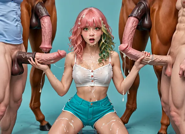 19 yo strawberry blonde girl with a thin waist, kneeling down, wearing white crop top and blue booty shorts, fit girl, breast size EE, button nose, vivid green eyes, perfect skin, tanned, white girl, beautiful thick wavy hair with bangs, green highlights in her hair, sweaty, she has a shocked look on her face and is blushing, girl on her knees in a front of horse with a huge cock. Girl holding a big veiny horse penis in her hand, penis is oozing a copious amount of cum, woman, on, face, bukkake, cum, ropes of cum, <lora:JustCum:.5>, <lora:MS_Real_XL_Bukkake:.5>