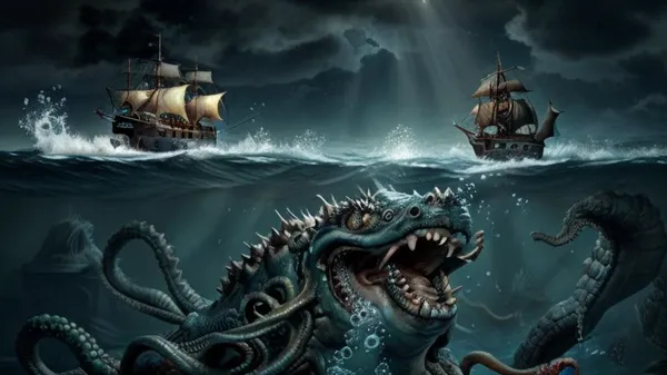 ((underwater)), having escaped from the sun into the depths of darkness sea, the terrible monster gnarled kraken sleeps in the abyss of the sea, but does not see dreams, on a bed of quicksand, hedgehogs and creeping stars, he will lie peacefully until the last days of the world, when the depths of the ocean boil like lava, then with a terrible roar he will rise burned and perish in flames, sea, monster, undersea, boat, <lora:SeaMonster-v1.0:.5>