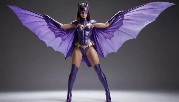 Asian Cyborg Batgirl, blue-grey-purple-cosume-Matalic wings, full body view 21-year-old, petite, big breasts, nude, shaved vagina-facing viewer, clear background.