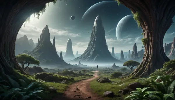 space, stars, incredible landscape, lots of greenery, beautiful alien