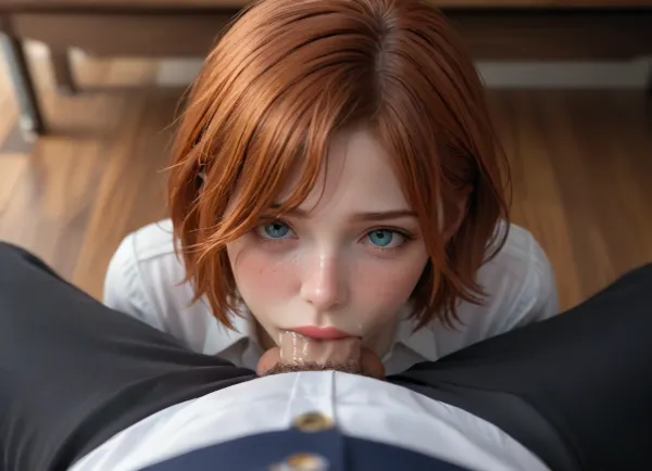 office, sneaky deepthroat balls deep hidden under the table, cock worshipping whore, cute redhead, drool over his pants and her tits, freckles, cum on face, eyes rolling. hands behind her back. third person perspective over his shoulder