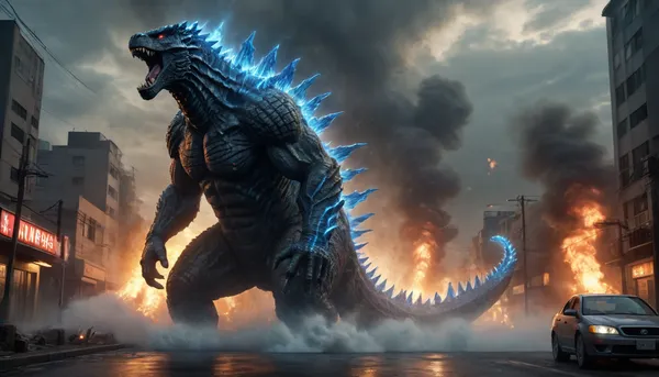 uber realistic image, fullcolor image, full body view, 8K quality, ultra detailed, masterpiece, dark fantasy, A giant monster, Godzilla, ((170 meters tall)), Godzilla's dorsal spines glow with a blue electrical discharge, ((emerges from the sea onto the streets of Tokyo)), a stream of blue plasma shoots from the monster's mouth into the nearest house, destruction, destroyed houses, fires, houses and cars burn, many people run in panic from the monster, side view, whole body in frame, whole body visible