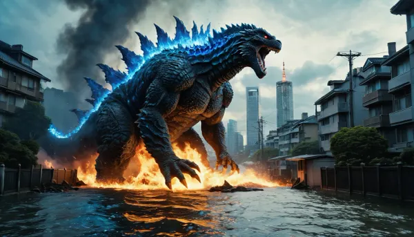 Le fantasme sombre de Godzilla : un géant de 170 mètres émerge dans un détail de 8k, libérant la terreur sur tokyo

- Oui.

Dans une image en 8K pleine couleur, un chef-d'œuvre réaliste d'Auber se déploie. Un monstre géant, debout à 170 mètres de haut, émerge de la mer dans les rues de Tokyo. Godzilla, avec ses épines dorsales qui brillent avec une décharge électrique bleue, prend une vue latérale, tout le corps visible dans le cadre. Un flot de flamme bleue tire de la bouche du monstre dans la maison la plus proche, causant la destruction et l'effondrement des gratte-ciels, des incendies engloutissant les maisons et les voitures autant de gens courent dans la panique.