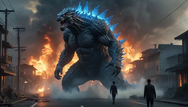 uber realistic image, fullcolor image, full body view, 8K quality, ultra detailed, masterpiece, dark fantasy, A giant monster, Godzilla, ((170 meters tall)), Godzilla's dorsal spines glow with a blue electrical discharge, ((emerges from the sea onto the streets of Tokyo)), a stream of blue plasma shoots from the monster's mouth into the nearest house, destruction, destroyed houses, fires, houses and cars burn, many people run in panic from the monster, side view, whole body in frame, whole body visible