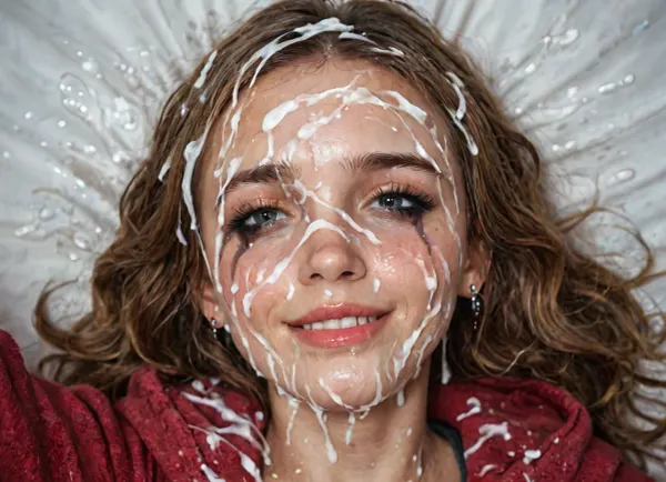 close-up on head of cute slutty woman, laying on bed after having been used intensely, facing viewer, tired but happy, slight smile, ruined makeup, forehead full of cum, nose full of cum, mouth full of cum, cum running onto bed, lots of cum, loads of cum, (bukkake:1.5), warm light, beautiful morning