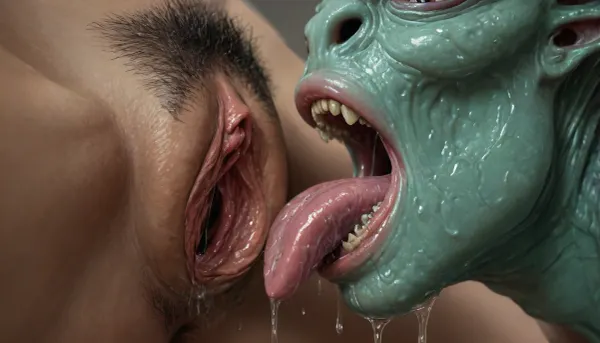 Photorealistic, high resolution, professional photography, (close-up pussy:1.4), zoom on hairy pussy, side view, (alien monster licking clitoris:1.3), cunnilingus sex, (pussy licking:1.3), (head between the legs:1.3), very hairy pussy, clitoris, huge dark alien tongue, sharp slime alien tongue, pussy licking, gaping, dripping pussy, (monster tongue on pussy:1.3), (monster tongue on clitoris:1.2), (mouth on pussy:1.3), (cunnilingus:1.4), (detailed monster tongue:1.4), (saliva:1.6), (wet:1.4), (saliva strings:1.2), (detailed pubic mound:1.3), (nose on pubic mound:1.6), <lora:detailed_notrigger:2>