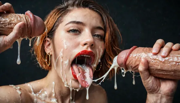 (Macro photo), (extreme close up:1.2), front view, Photorealistic, professional photography, (open mouth), (extended tongue), red lipstick, excessive cum on tongue, short smooth ginger bobcut hair, 2 white men, handjob, topless, cum dripping from chin, tongue sticking out, black background.