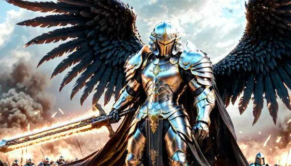 fantasy art, full body picture, UHD 8K, extreme realism, maximum detail, very big slim tall dark Angel with battlearmor, holding a big long weapon, detailed full armored helmet, detailed battleground in background, big black and white wings, light effects, hkstyle, ca45mv7-100, <lora:hkstyleV5:1>, <lora:detailed_notrigger:.7>