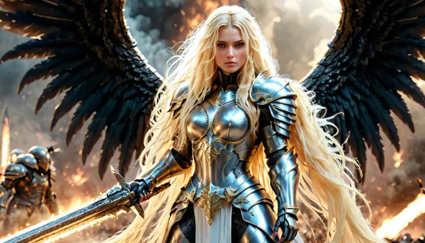 fantasy art, full body picture, UHD 8K, extreme realism, maximum detail, very big slim tall dark Angel woman with battlearmor, ((very long blonde hair)), ((long hair:1.5)), holding a big long weapon, detailed full armored helmet, detailed battleground in background, big black and white wings, light effects, hkstyle, ca45mv7-100, <lora:hkstyleV5:1>, <lora:detailed_notrigger:.7>