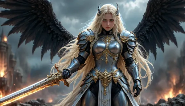 fantasy art, full body picture, UHD 8K, extreme realism, maximum detail, very big slim tall dark Angel woman with battlearmor, ((very long blonde hair)), ((long hair:1.5)), holding a big long weapon, detailed full armored helmet, detailed battleground in background, big black and white wings, light effects, hkstyle, ca45mv7-100, <lora:hkstyleV5:1>, <lora:detailed_notrigger:.7>