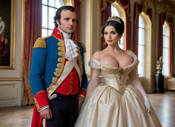 uber realistic image, fullcolor image, full body view, 8K quality, ultra detailed, masterpiece, ((Napoleon Bonaparte and Josephine)), dressed as a general in Napoleon's army, in the ceremonial hall of Versailles, grabbed a woman by the breast, a woman in an 18th century French ball gown with an extremely deep neckline, (she has black hair), no nipples, extreme cleavage, side view, whole body in frame, whole body visible, large, breasts, big, boobs, huge, tits, <lora:bombshell_v2:2>