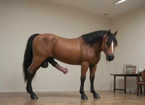 Large black shire stallion horse wide angle full body shot side on, large equine penis large horse cock erect horse hard dick