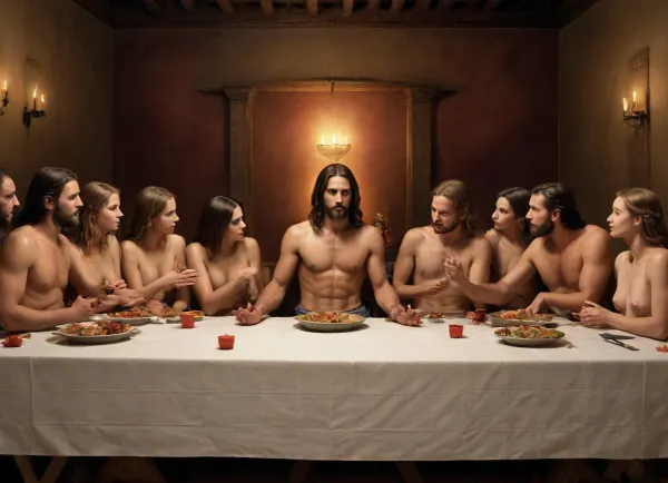 masterwork, masterpiece, highest quality, (the last supper), one jesus with twelve topless nude women
