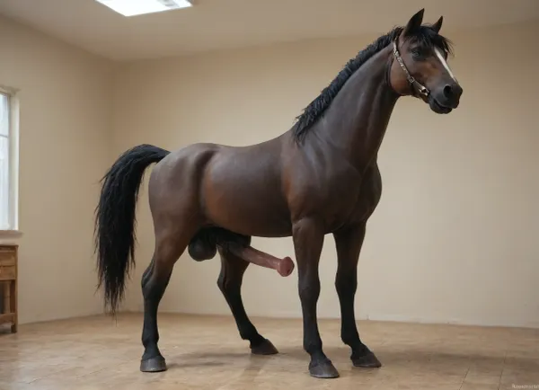 Large black shire stallion horse wide angle full body shot side on, large equine penis large horse cock erect horse hard dick, black fur, black horse