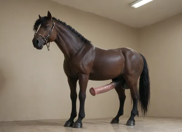 Large black shire stallion horse wide angle full body shot side on, large equine penis large horse cock erect horse hard dick, black fur, black horse