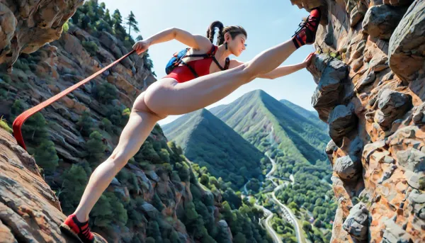 (a Gorgeous 25 year old white woman), freeclimber, climbing, (natural b cup breasts:1.1), acrobatic climbing in between two vertical cliffs, two cliffs, one cliff each side, chimneying rock over void, stemming, extremely beautiful face, sexy body, (black hair:1.1), slim, athletic, gymnast body, very long ponytail braided hair, sweat on skin, tight strapped white corset, boobs visible, lateral split legs, (red climbing harness:1.2), no pants, (no underwear:1.2), bottom naked, sexy red climbing shoes, (full body view), (climbing mountain cliff:1.5), feet wide apart, far above ground, legs spread wide, outdoors, very sunny, (from below:1.3), incredible landscape, realistic climbing